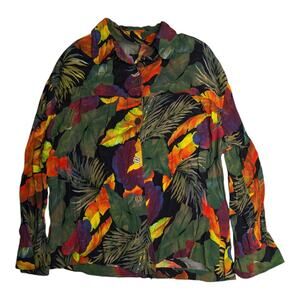 Vtg 1990s Laura Kieffer Green Black Tropical Floral Print Button Up Blouse 18